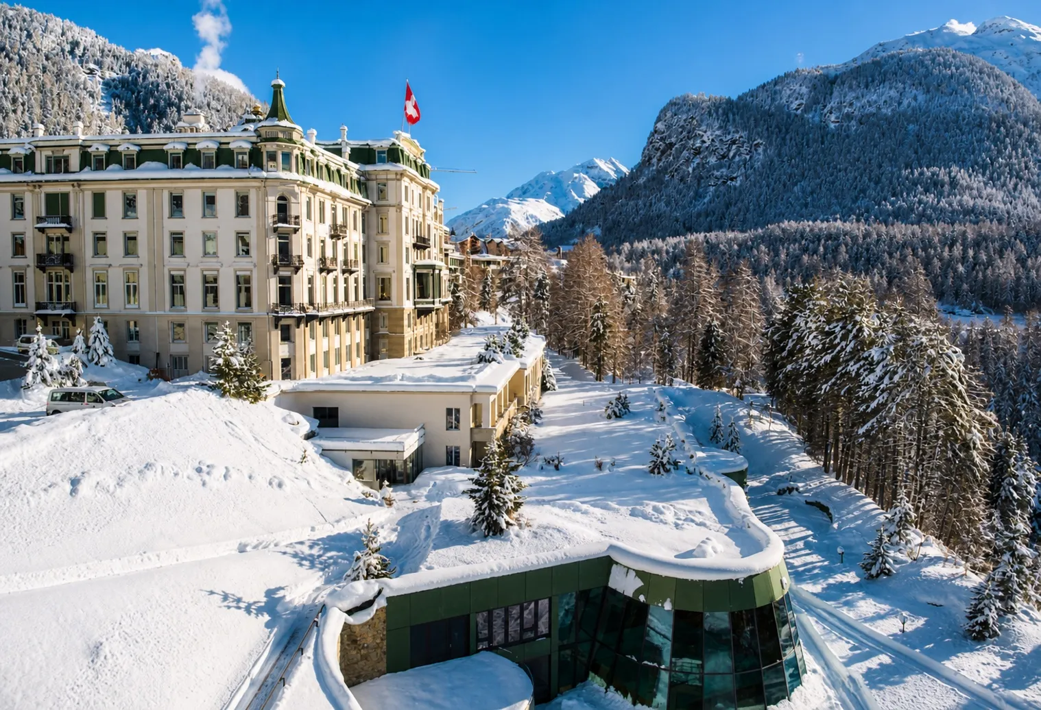 Swiss Alpine hotel surrounded by snow